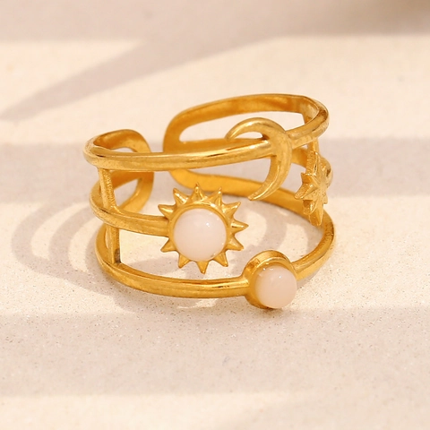 Celestial Verstellbarer Offener Ring 18K Vergoldeter Edelstahl Sonne Mond Stern Design Mit Weißen Steinen
