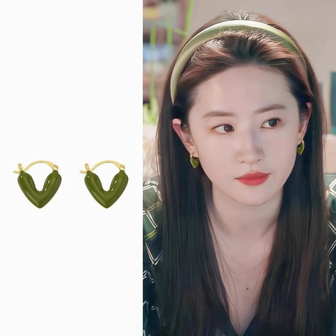 Orecchini A Cerchio Retro Cuore Forma A V Rame Placcato Oro Verde Scuro Smalto Gioielli Vintage Per Donne