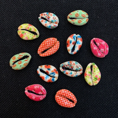 Natürliche Kauri Muschelperlen Bedruckt Gebleicht Geschnitten Mischfarben Blumenmuster Evil Eye Design DIY Schmuckherstellung Zubehör Für Halskette Armband