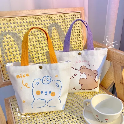 Mini Canvas Handbag Cute Cartoon Bear Rabbit Reusable Shopping Storage Bag Portable Travel Gift Pouch With Metal Button