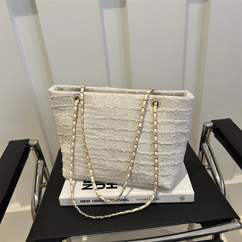 Borsa Tote In Tweed Vintage Di Grande Capacità Da Donna Texture Intrecciata Catena Dorata Borsa A Tracolla Chic Da Lavoro