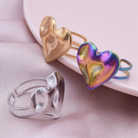 Heart Ring 304 Stainless Steel Hammered Texture Minimalist Adjustable Open Design Geometric Unisex Fashion Accessory