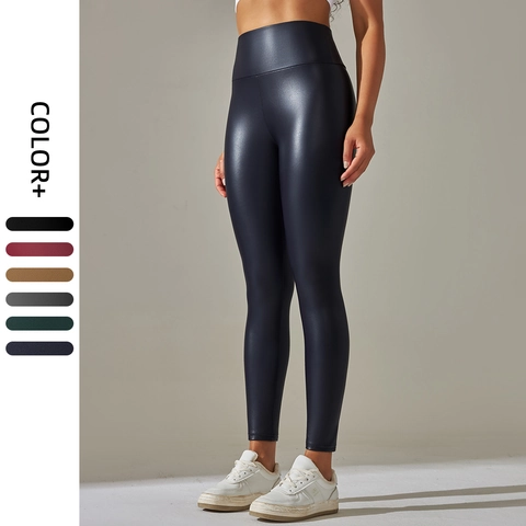 Women High Waist Faux Leather Leggings Tummy Control Butt Lift Shiny PU Stretch Pants Solid Color Slim Fit