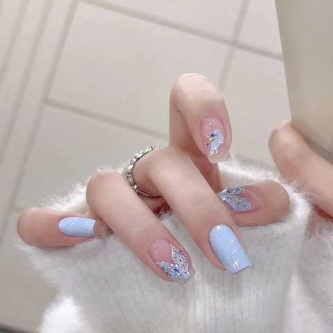 Press On Nails Long Coffin Mermaid Ocean Blue Butterfly Smudge Glossy Fake Nails Artificial Nail Art For Women