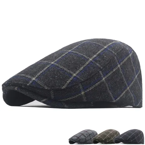 Men Flat Cap Wool Blend Plaid Newsboy Hat British Vintage Adjustable Winter Warm Beret Ivy Cap
