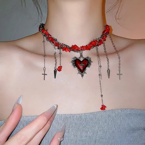 Gothic Heart Cross Pendant Necklace Alloy Irregular Crushed Stone Multi Layer Tassel Chain Punk Choker Dark Style Women