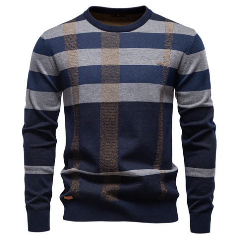 Men Crew Neck Sweater Cotton Elastane Breathable Plaid Color Block Slim Fit Long Sleeve Business Casual Urban Pullover