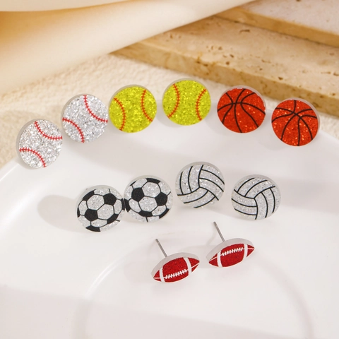 Boucles d'Oreilles Pendantes en Acrylique Cœur Sportif Boucles d'Oreilles Clous Strass Femme Football Basket Baseball Bijoux