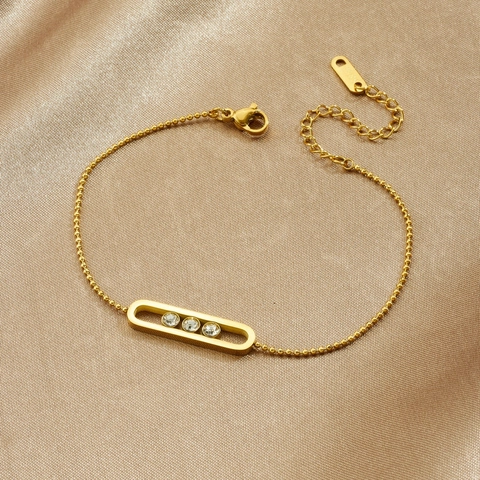 Pulsera De Moda De Acero Inoxidable Chapado En Oro Circones Deslizantes Marco Ovalado Cadena De Bolitas Joyería Para Mujer