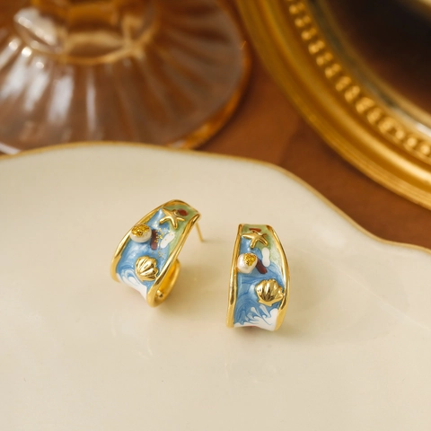 Orecchini A Cerchio A C In Smalto Vintage Con 925 Sterling Silver Earring Post Stella Marina Conchiglia Perla Artificial Per Donna