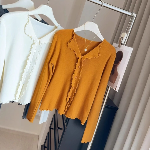 Cardigan En Tricot Pour Femmes Pull Patchwork En Dentelle Bordure À Volants Col En V Manches Longues Coupe Ajustée