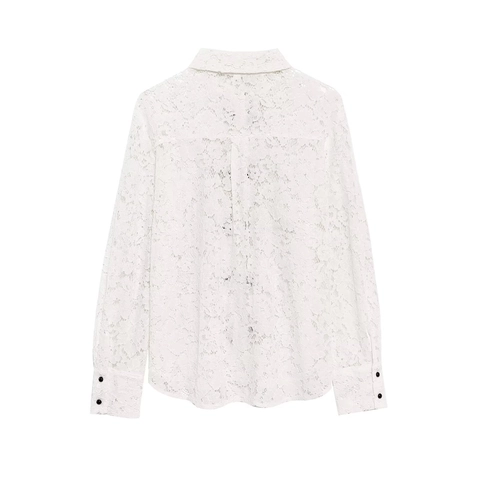 Dames Kant Blouse Overhemdkraag Lange Mouwen Opengewerkt Zwarte Strikken Vooraan Elegant Mode Zoet Casual Tops