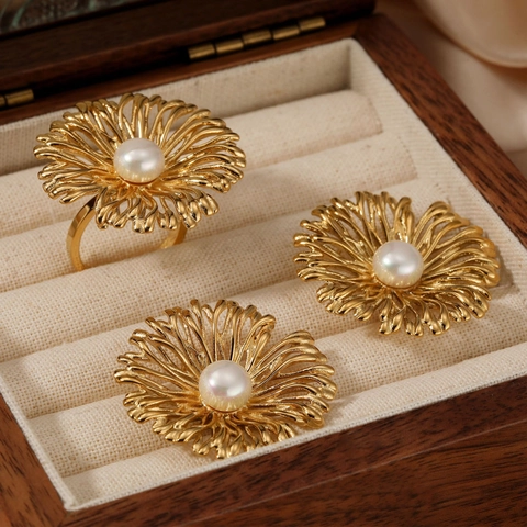 Daisy Flower Artificial Pearl Earrings And Adjustable Ring Stainless Steel PVD Gold Plated Waterproof Non-Tarnish Elegant Women Jewelry