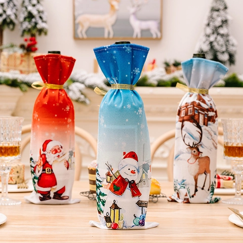 Christmas Wine Bottle Cover Bags Printed Soft Fabric With Gold Ribbon Santa Snowman Reindeer Festive Table Decor