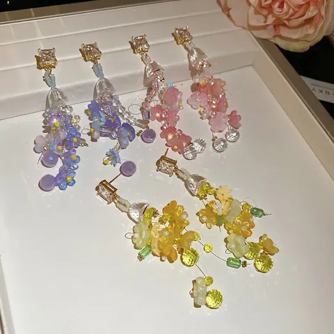 Lange Quasten Blumen Ohrhänger Mit 925 Sterling Silber Ohrstecker Harz Blütenblatt Zirkon Perlen Süß Resort Stil Damen