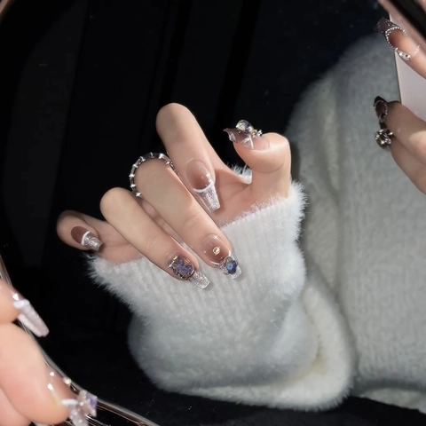 Uñas Postizas Amber Cat Eye De Lujo Hechas A Mano Diamantes De Imitación Lazo Brillo Ataúd Para Mujeres