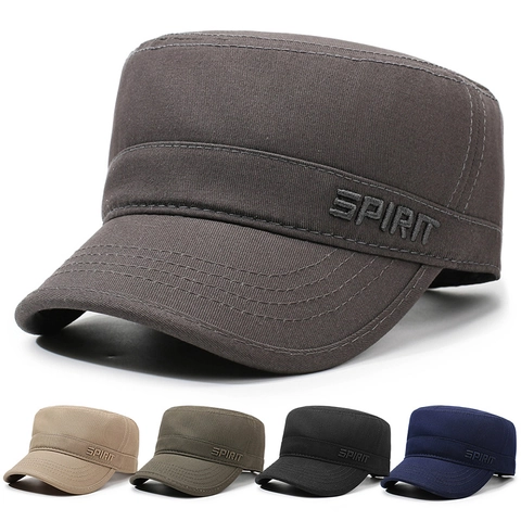 Men Cotton Cadet Hat Adjustable Flat Top Military Cap Outdoor Sports Sunshade Casual Solid Color Spirit Embroidery