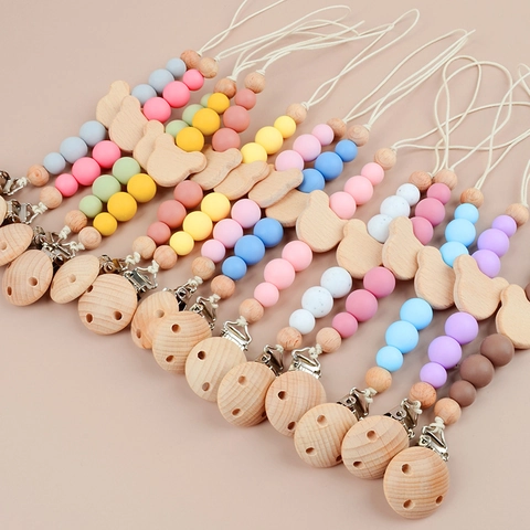 Baby Pacifier Clip Silicone Beads Wooden Bear Teether Chain Soother Holder For Nursing Infants