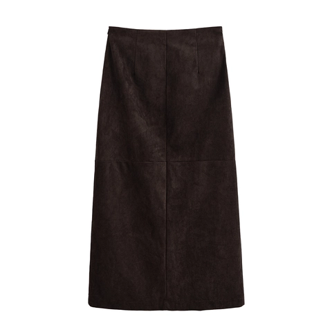 Falda Midi De Gamuza Sintética De Cintura Alta Color Sólido Abertura Lateral Falda Lápiz Moda Streetwear Mujer Sexy Marrón