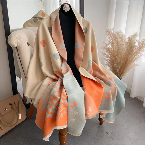 Bufanda con Estampado de Hojas para Mujer Chal de Imitación de Cachemira Suave y Cálido para Invierno Envoltura Gruesa con Borlas