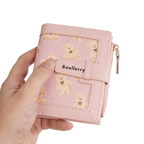 Women Short Bifold Wallet PU Leather Cute Teddy Bear Print Multi Card Slots Zipper Coin Pocket For Ladies