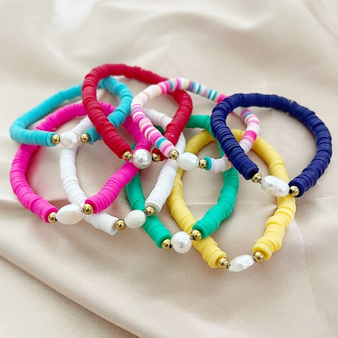 Bracciale Bohémien In Natürliche Barockperle Heishi In Argilla Polimerica Con Perla Barroca Natural Barocca E Natürliche Barockperle In Acciaio Dorato Gioielli Da Spiaggia Estivi Per Donne