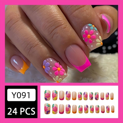 Press On Nails Medium Square Plastic Glossy False Nails Colorful Flower French Tips Wearable Full Cover Fake Nails