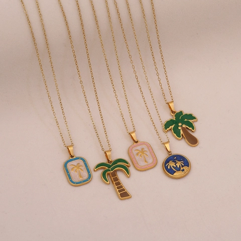 Stainless Steel Palm Tree Pendant Necklace Gold Plated Enamel Tropical Coconut Tree Beach Jewelry For Women