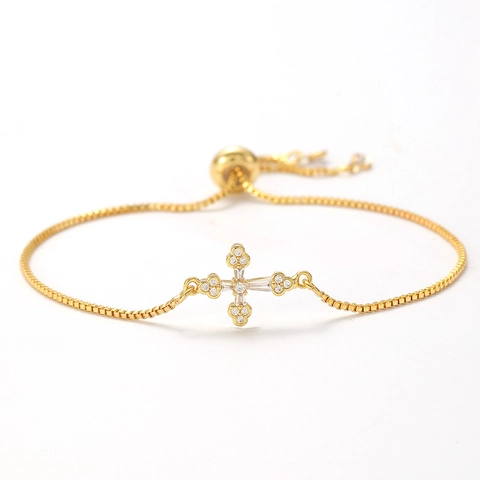 Light Luxury Gold-Plated Copper Cross Bracelet For Women With Zirconia Sparkling Box Chain Adjustable Bracelet Religious Jewelry Gift