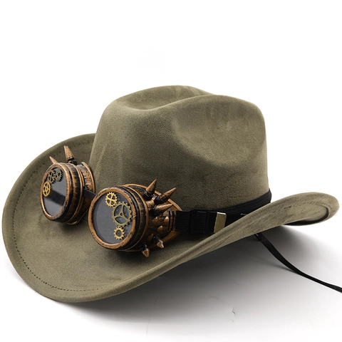 Cappello Da Cowboy Steampunk Con Occhiali Ingranaggi Punte Camoscio Tesa Larga Cosplay Festa Retrò Unisex