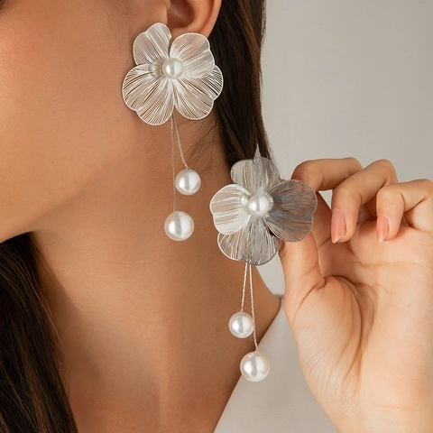 Orecchini Pendenti Fiore Foglia Lega Con Imitazione Perla Artificial Gioielli Statement Vintage Per Donne Moda Festa