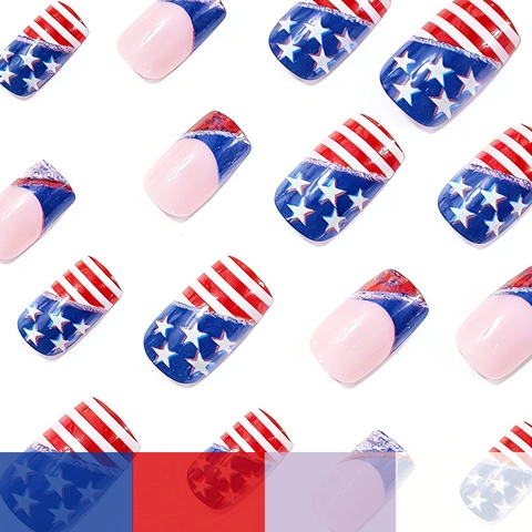Glossy Press On Nails USA Flag Theme Star Stripes Independence Day Square Shape Artificial Finger Nails