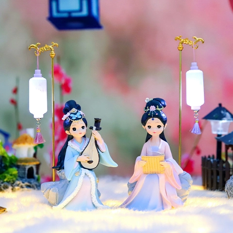 Antike Chinesische Harz Figur Ornamente Cartoon Kreative Mädchen Zimmer Deko LED Nachtlicht Handbemalt Schreibtisch Geschenk