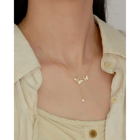 Collana Nappa Farfalla In Argento Sterling 925 Con Perla Artificial E Zircone Stile Francese Catena Per Clavicola A Y