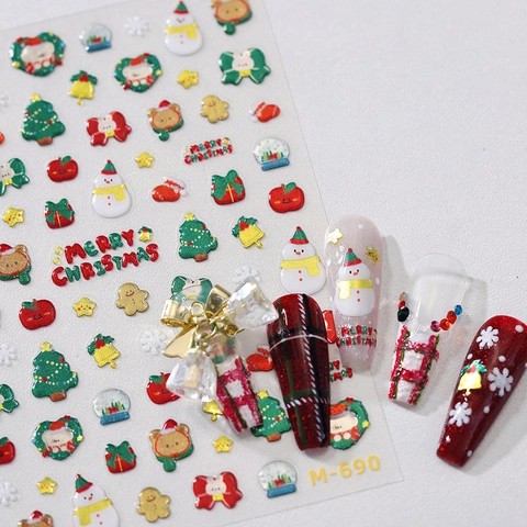 Autocollants À Ongles Relief 3D Noël Auto Adhésifs Argent Bronzage Bonhomme De Neige Sapin Décoration Festive