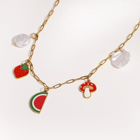 Fruit Pendant Necklace Titanium Steel Enamel Strawberry Watermelon Mushroom Faux Artificial Pearl Cute Sweet Jewelry For Women