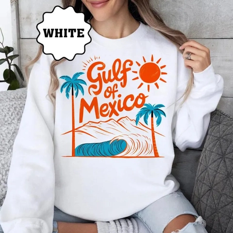 Men Sweatshirt Gulf Of Mexico Beach Print Long Sleeve Crewneck Fleece Lined Loose Casual Retro Pullover Polyester
