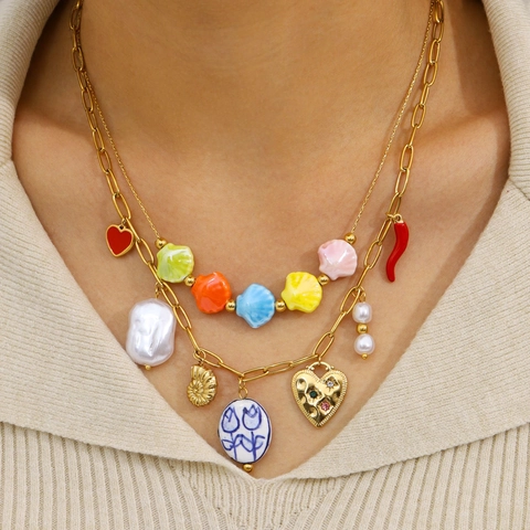 Necklace Earrings Jewelry Colorful Ceramic Shell Artificial Pearl Waterproof Hypoallergenic Stainless Steel 18K Gold Plated Ocean