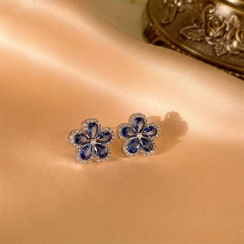Collana Con Ciondolo A Fiore Blu E Orecchini Zircone Goccia Eleganti Gioielli Con Perno In Argento