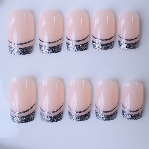 Uñas Postizas French Tip Cuadradas Medianas Largas ABS Brillo Nude Rosa Brillantes Para Mujeres Arte Elegante