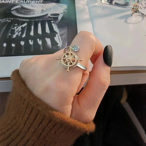 Bague Rotative de Barre de Navire Nautique Soulagement de l'Anxiété Bijoux de Décompression Cuivre Bicolore Strass Ajustable Homme Femme