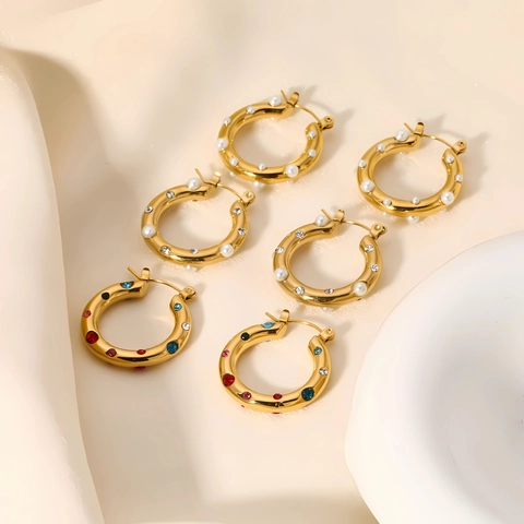 Pendientes De Aro Gruesos De Acero Inoxidable Chapados En Oro De 18K Con Circonita Cúbica Colorida Y Perlas Artificiales Lujo Minimalista