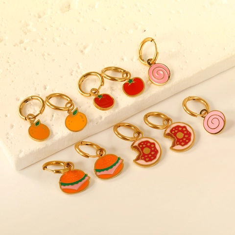 Stainless Steel Fruit Food Stud Earrings For Women Cute Cartoon Mushroom Tomato Donut Burger Orange Enamel Hoop Earrings Jewelry