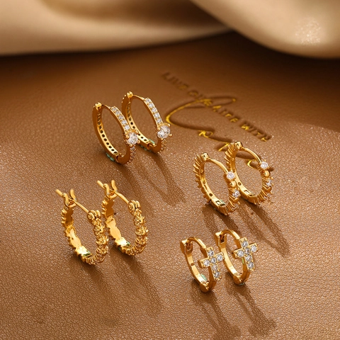 Cubic Zirconia Cross Charm Hoop Earrings 18K Gold Plated Brass Retro Simple Jewelry For Women Men