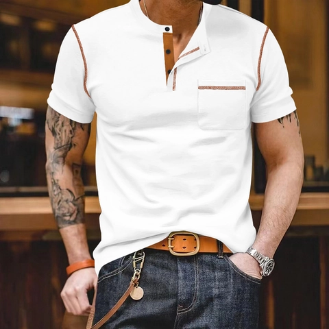 Men's Casual Henley Neck T-Shirt Short Sleeve Solid Color Top With Chest Pocket Contrast Stitching Polyester Summer Apparel