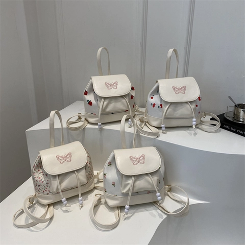 Damen Mini Weißer Rucksack PU Leder Mit Schmetterlingsstickerei Erdbeere Kirsche Blumenmuster Kordelzug Lässige Mode Tasche