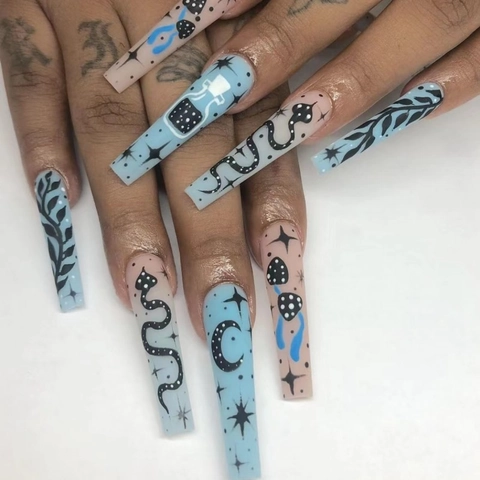 Coffin Press On Nails Snake Moon Star Pattern Pink Blue Gradient Dark Punk Style Wearable False Nails
