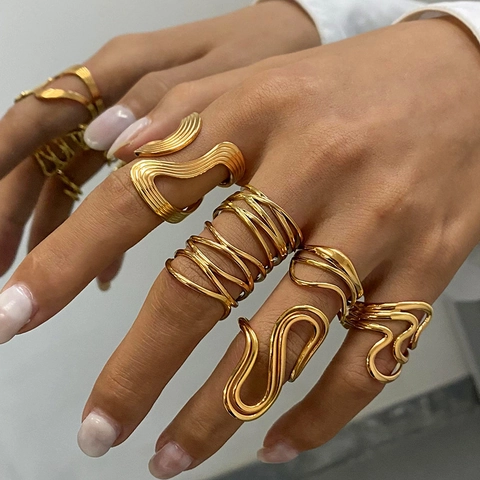 Unregelmäßige Wellen Edelstahl Offene Ringe Für Damen Minimalistisch Geometrisch Verstellbar Wasserdicht Hypoallergen Gold