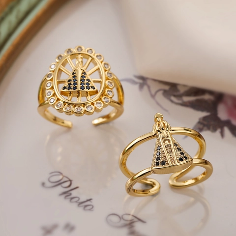 Anillo Religioso Virgen María Cobre Chapado En Oro Circonita Banda Ajustable Mujer Joyería Patrona Brasileña
