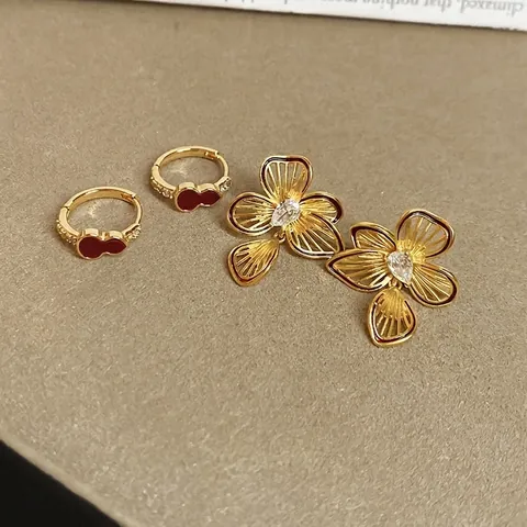 Hollow Flower Studs And Red Hulu Gourd Hoop Earrings Gold Plated Copper Zircon 925 Sterling Silver Earring Post Retro